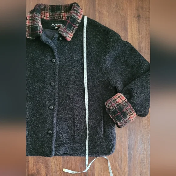 Vtg Sandro Oversized Button Down Teddy Jacket Women's XL, Black, Plaid Collar